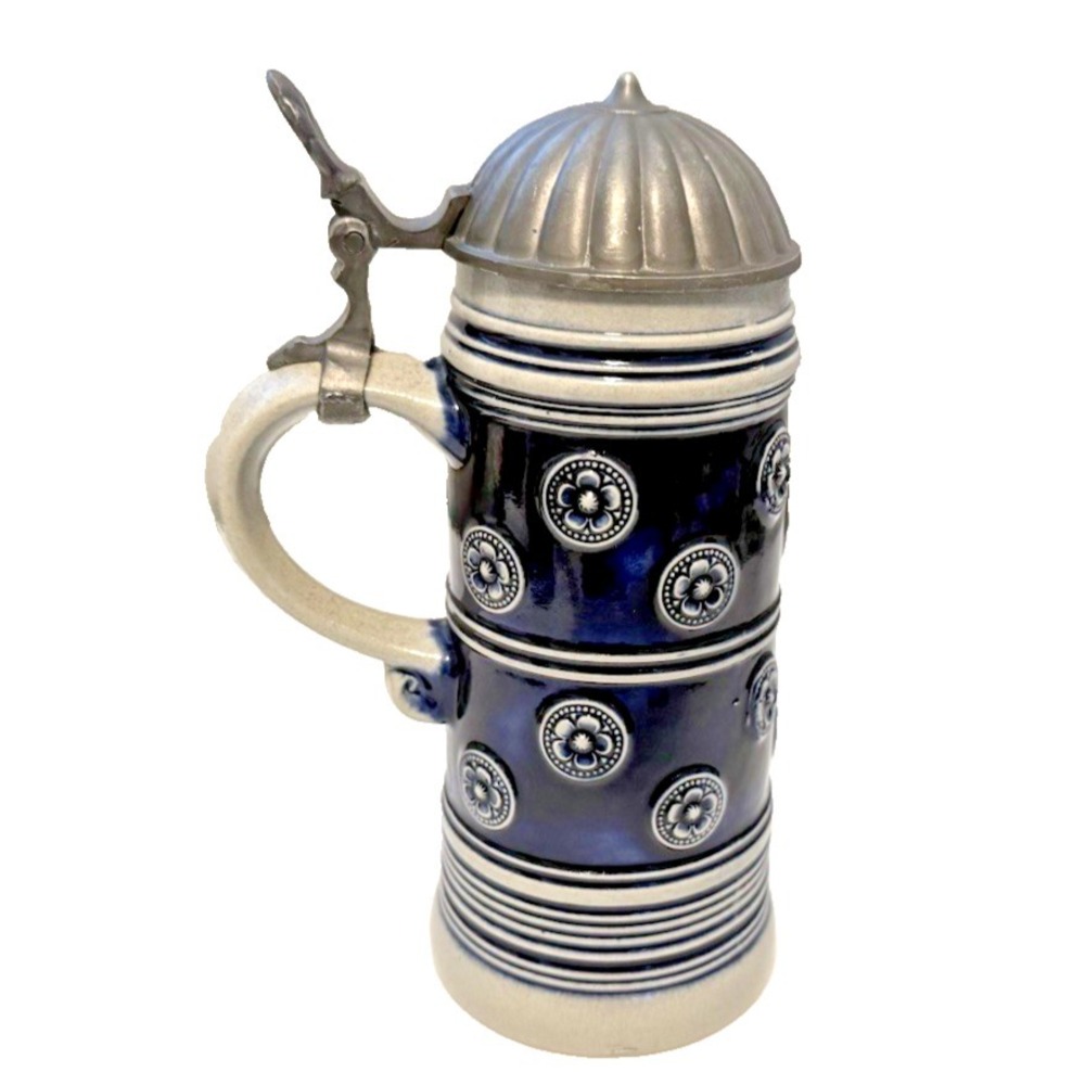 Gerzit Gerz German Beer Stein 8 1/2" Pewter Lid Cobalt Blue Floral Motif #36 Lim